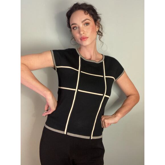 Vintage Carducci Black White Grid Minimalist Short Sleeve Sweater Knit ~ Sz L - Picture 2 of 8